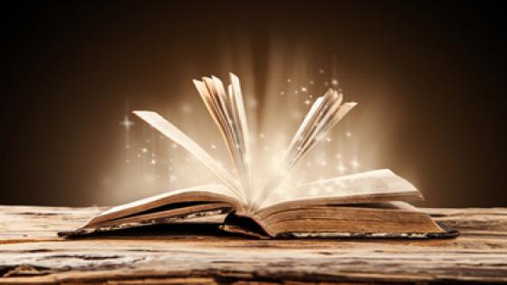 Old book on wooden planks with blur shimmer background
